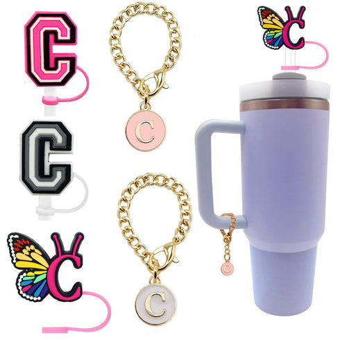English Letter Butterfly Dust-proof Straw Cap Pendant Set for tumbler, Tumbler set Accessories